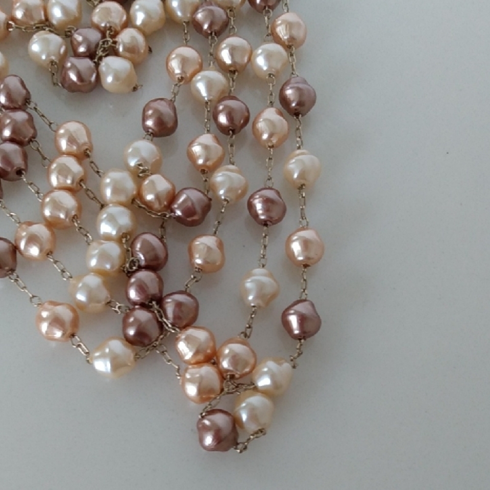 Pearl Chain Multi Strand Necklace Gold Tone Brown Ivory - Picture 7 of 11